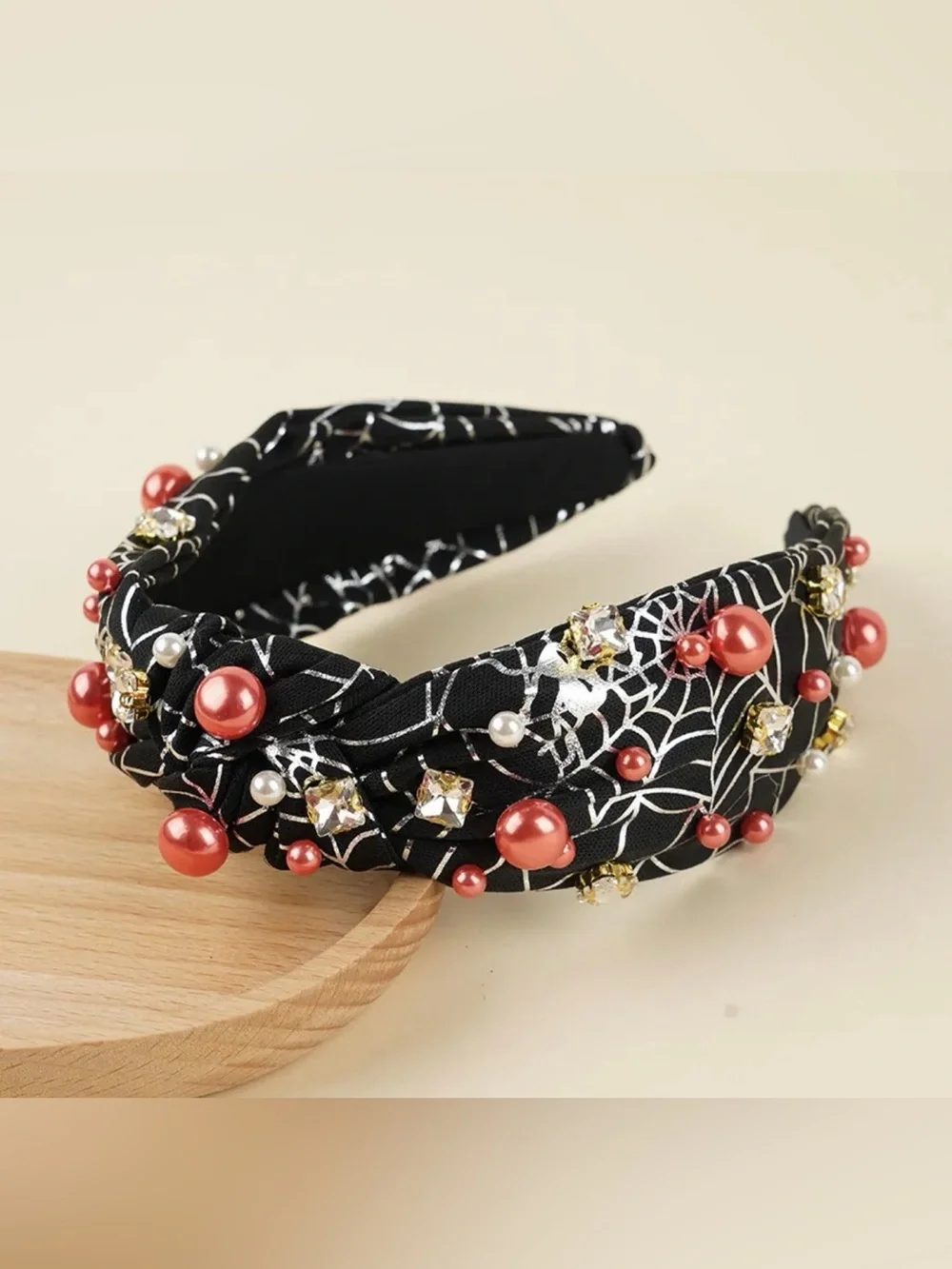 Black Spiderweb Headband with Coral and Pearl Accents